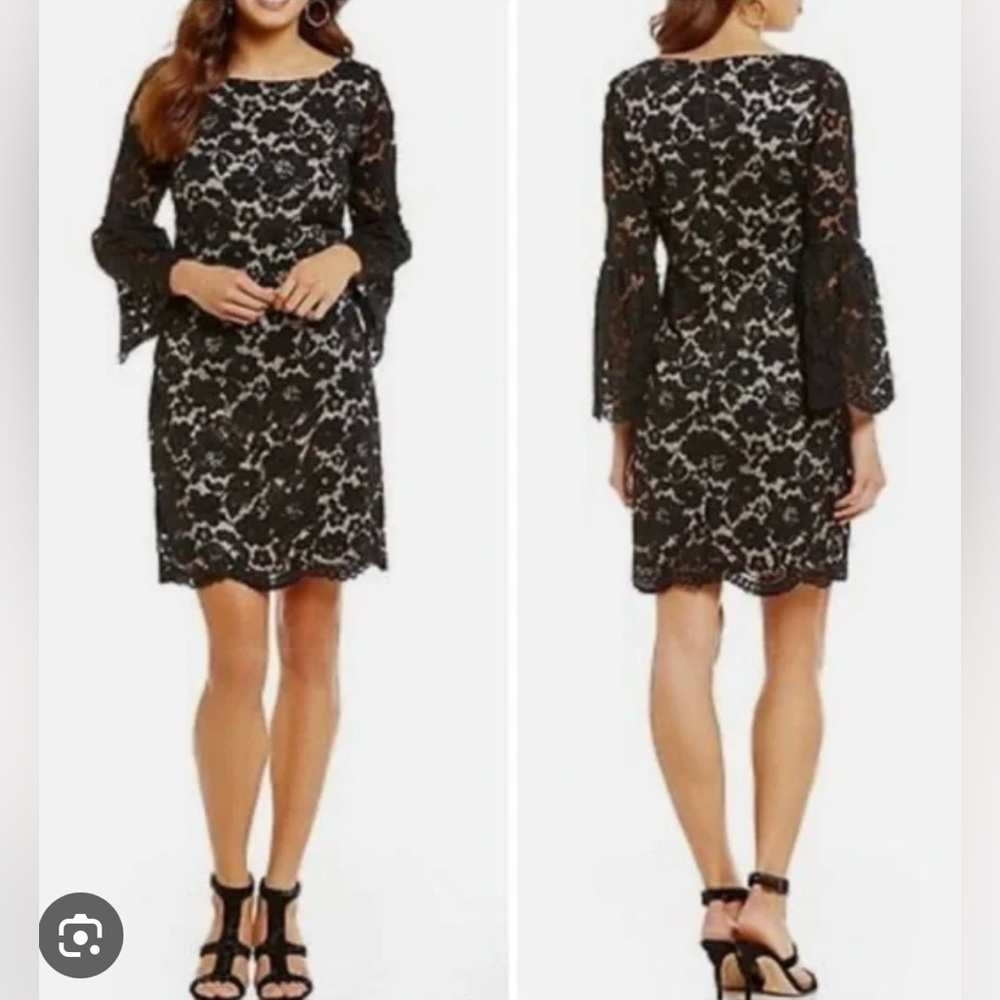 Vince Camuto Black Lace Flare Sleeve Dress Nude Lining Whimsy Boho Cocktail Sz6